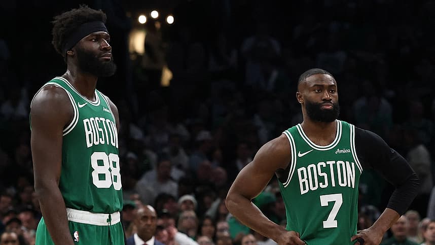 Jaylen Brown standing on the court before facing the Knicks