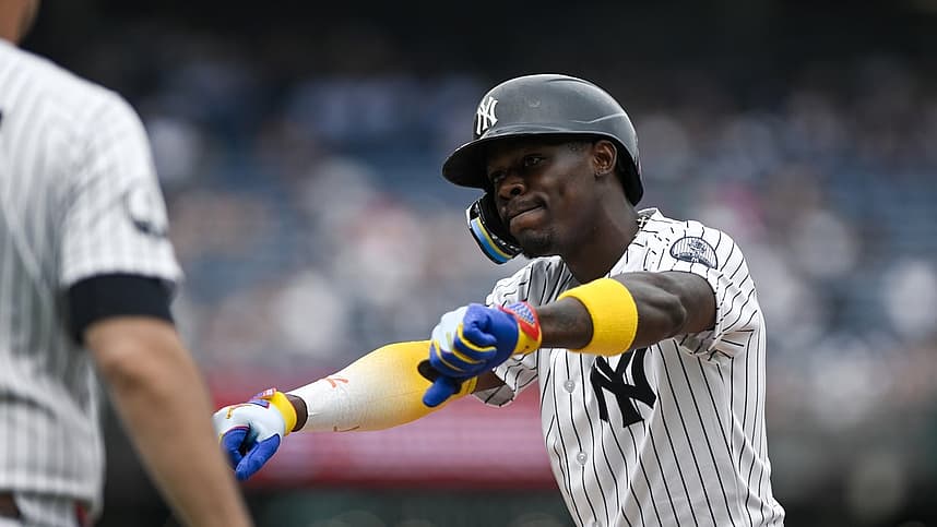 Jazz Chisholm Jr. reacts after a single for the Yankees