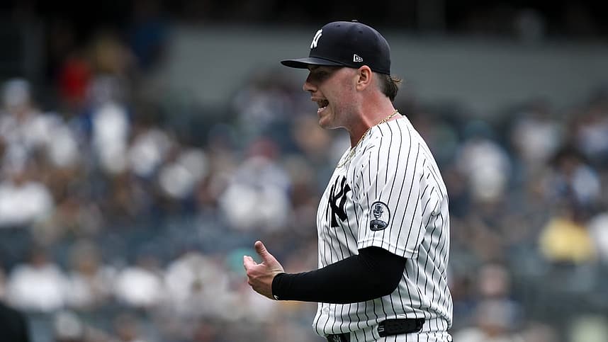 Ryan Weathers reacting after pitching during a Yankees game