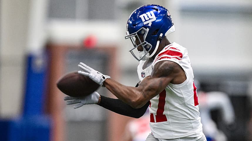 Tyler Nubin catching a pass during a Giants practice drill