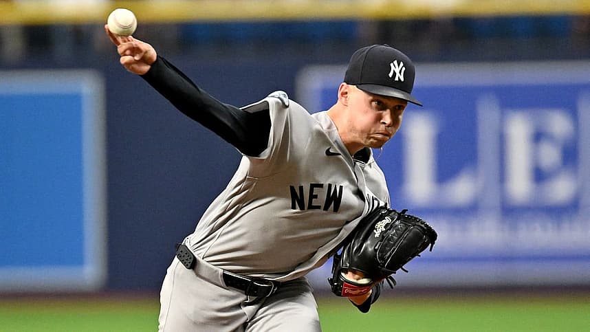 Will Warren throwing a pitch during a Yankees game
