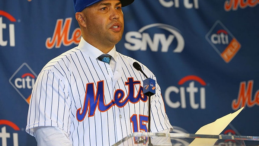Carlos Beltran talks after being introduced as manager of the New York Mets during a press conference at Citi Field