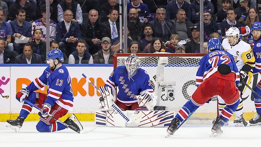 New York Rangers goaltender Igor Shesterkin (31) makes a save against the Pittsburgh Penguins during the second period in game one of the first round of the 2022 Stanley Cup Playoffs at Madison Square Garden