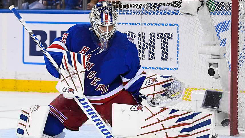 New York Rangers goaltender Igor Shesterkin (31) makes a save against the Pittsburgh Penguins during the second period in game two of the first round of the 2022 Stanley Cup Playoffs at Madison Square Garden
