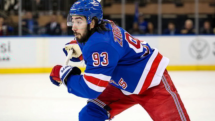 New York Rangers center Mika Zibanejad (93) skates against the San Jose Sharks during the second period at Madison Square Garden