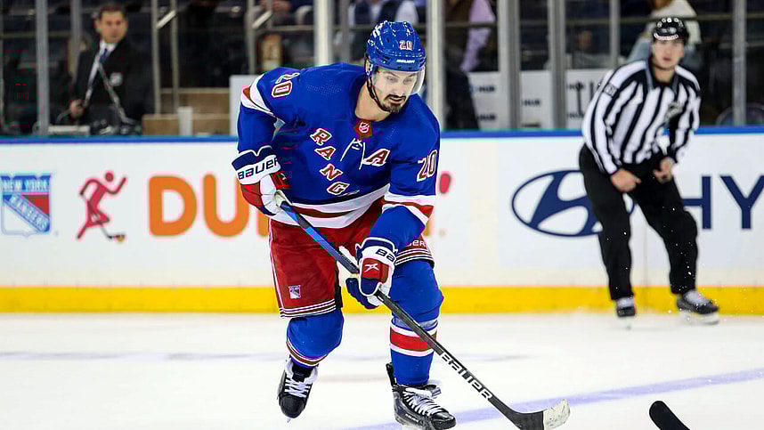 New York Rangers left wing Chris Kreider (20) skates with the puck against the San Jose Sharks during the third period at Madison Square Garden