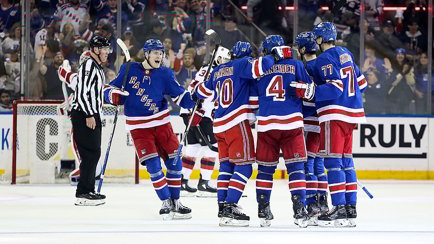 New York Rangers defenseman Braden Schneider (4) celebrates his goal against the New Jersey Devils during the third period in game six of the first round of the 2023 Stanley Cup Playoffs at Madison Square Garden