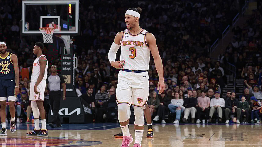 New York Knicks guard Josh Hart (3) reacts after being ejected from the game during the second half against the Indiana Pacers at Madison Square Garden