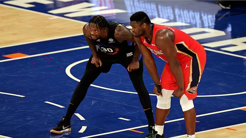 New York Knicks forward Julius Randle (30) and New Orleans Pelicans forward Zion Williamson (1) react during a break in game action during the second half against the New Orleans Pelicans at Madison Square Garden