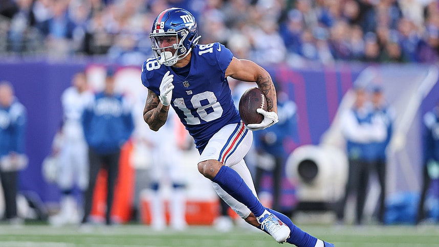 New York Giants wide receiver Isaiah Hodgins (18) gains yards after the catch during the first half against the Indianapolis Colts at MetLife Stadium