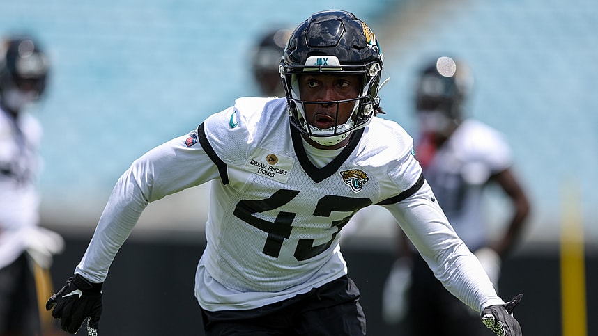 Jacksonville Jaguars defensive back Kaleb Hayes (43) participates in mandatory mini camp at TIAA Bank field (New York Giants)