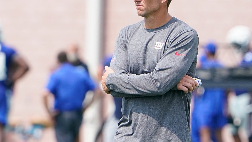 New York Giants general manager Joe Schoen looks on during day two of training camp at the Quest Diagnostics Training Facility
