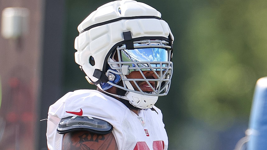 New York Giants defensive tackle Jordon Riley (95) participates in drills during training camp at the Quest Diagnostics Training Facility