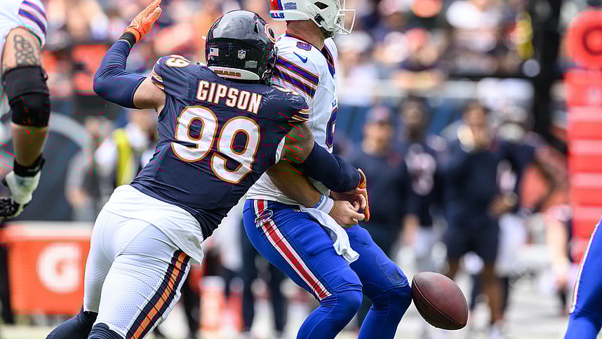 Chicago Bears defensive end Trevis Gipson (99) strips the ball from Buffalo Bills quarterback Kyle Allen (9) during the second quarter at Soldier Field (New York Giants)