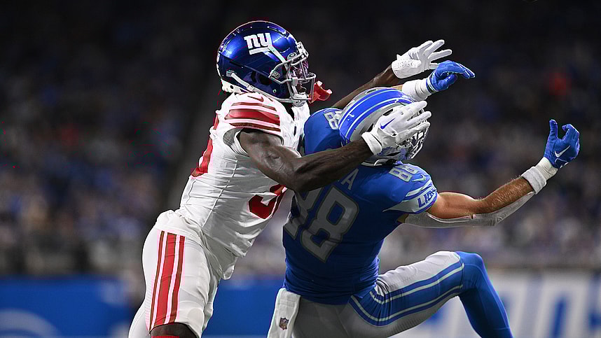 New York Giants cornerback Deonte Banks (36) breaks up a pass intended for Detroit Lions wide receiver Chase Cota (88) in the first quarter at Ford Field