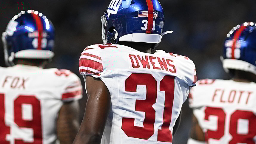 New York Giants safety Gervarrius Owens (31) somehow got a mouth guard stuck into one of the ventilation holes in his helmet during their game against the Detroit Lions in the second quarter at Ford Field