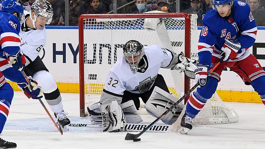 New York Rangers center Ryan Strome (16) plays with the puck in front of Los Angeles Kings goaltender Jonathan Quick (32) during the third period at Madison Square Garden