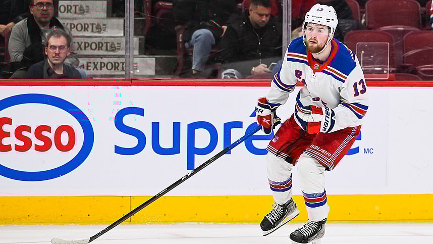 New York Rangers left wing Alexis Lafreniere (13) against the Montreal Canadiens during the third period at Bell Centre