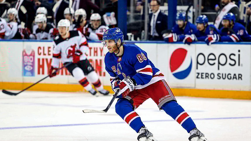 New York Rangers right wing Patrick Kane (88) skates against the New Jersey Devils during the second period in game six of the first round of the 2023 Stanley Cup Playoffs at Madison Square Garden