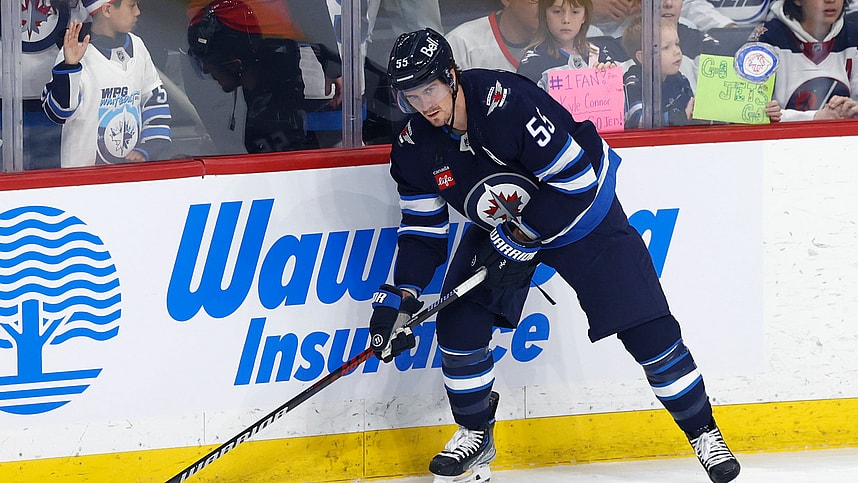 Winnipeg Jets center Mark Scheifele (55) warms up before game three of the first round of the 2023 Stanley Cup Playoffs at Canada Life Centre against the Vegas Golden Knights (New York Rangers)