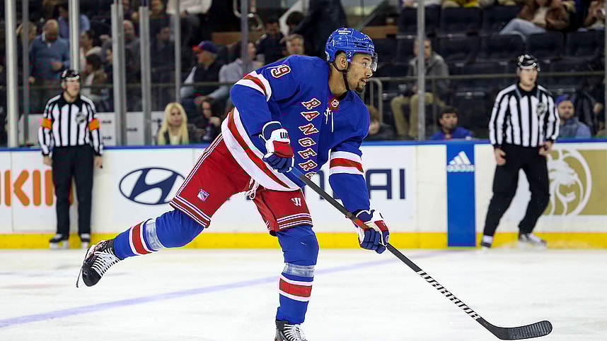 New York Rangers defenseman K'Andre Miller (79) takes a shot against the Tampa Bay Lightning during the third period at Madison Square Garden