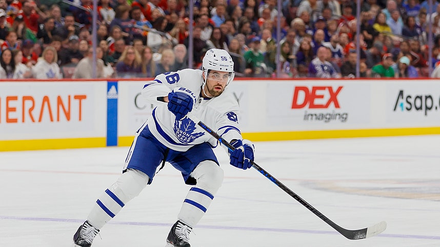 Toronto Maple Leafs defenseman Erik Gustafsson (56, New York Rangers) passes the puck during the first period against the Florida Panthers at FLA Live Arena