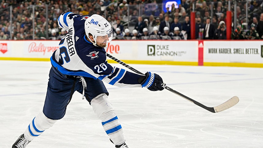 Winnipeg Jets forward Blake Wheeler (26) takes a shot on goal against the Minnesota Wild. New York Rangers, Rangers, NYR