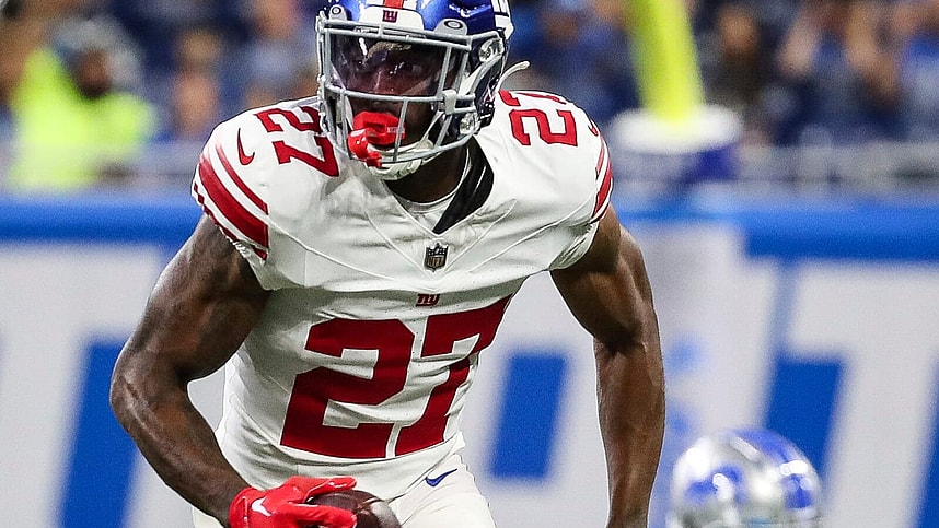 New York Giants safety Jason Pinnock (27) intercepts a pass from Detroit Lions quarterback Nate Sudfeld (10) during the first half of a preseason game in Detroit on Friday, Aug. 11, 2023.