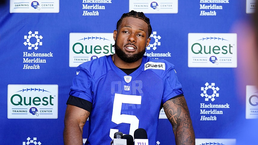 New York Giants defensive end Kayvon Thibodeaux (5) talks to reporters after the organized team activities (OTA's) at the Giants training center
