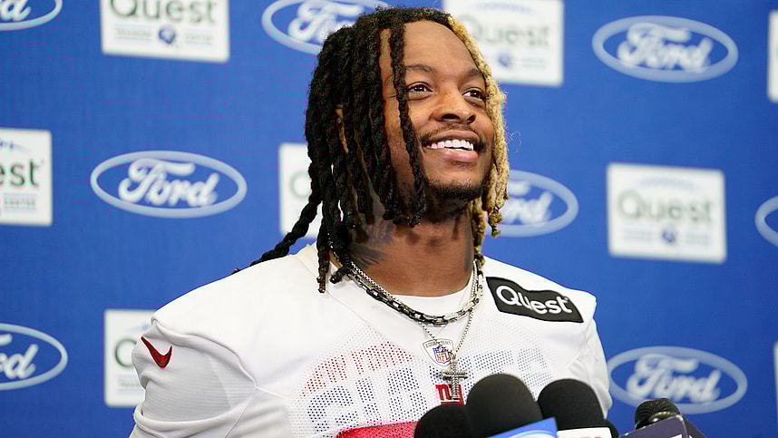 New York Giants safety Xavier McKinney (29) speaks during a press conference after the first day of training camp at Quest Diagnostics Training Facility