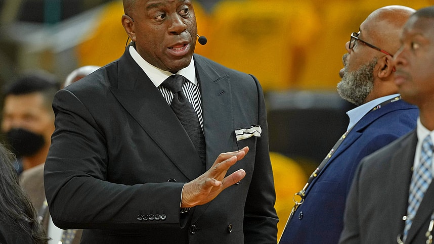 ESPN analyst Magic Johnson before game one of the 2022 NBA Finals between the Golden State Warriors and the Boston Celtics at Chase Center (Knicks)