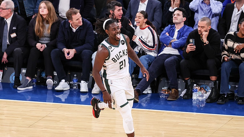 Milwaukee Bucks guard Jrue Holiday (21) celebrates a basket during the fourth quarter against the New York Knicks at Madison Square Garden