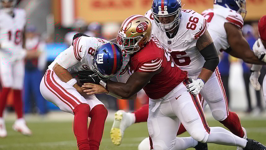 New York Giants quarterback Daniel Jones (8) is sacked by San Francisco 49ers defensive tackle Javon Hargrave (98) in the second quarter at Levi's Stadium.
