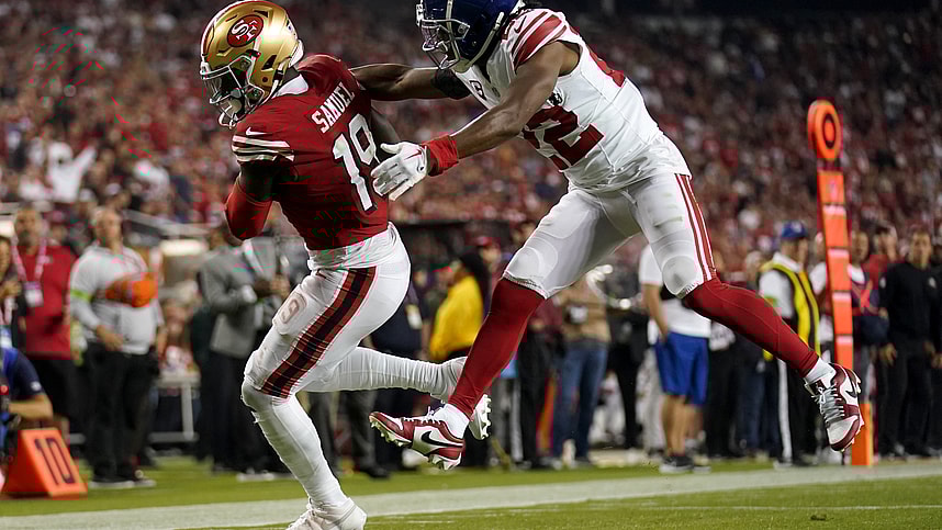 San Francisco 49ers wide receiver Deebo Samuel (19) catches a touchdown pass in front of New York Giants cornerback Adoree' Jackson (22) in the fourth quarter at Levi's Stadium.