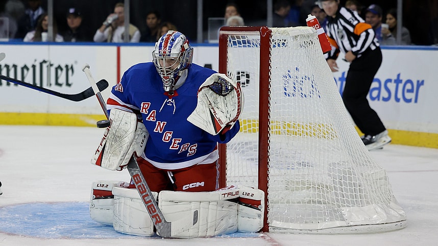 New York, New York, USA; New York Rangers goaltender Dylan Garand (98) makes a save against the New York Islanders during the third period at Madison Square Garden