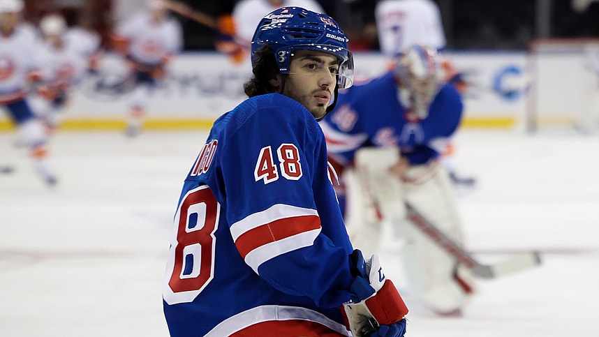 New York Rangers left wing Bobby Trivigno (48) skates during warmups before a game against the New York Islanders at Madison Square Garden