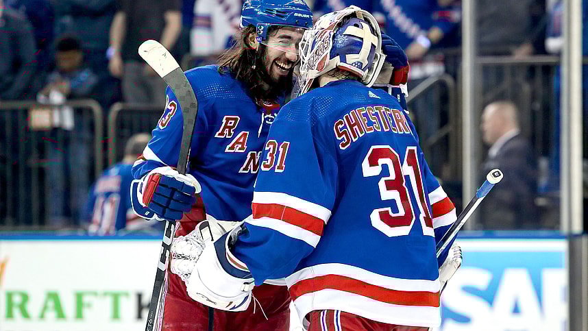 New York Rangers center Mika Zibanejad (93) celebrates with goalie Igor Shesterkin (31) after a 5-2 win against the New Jersey Devils in game six of the first round of the 2023 Stanley Cup Playoffs at Madison Square Garden