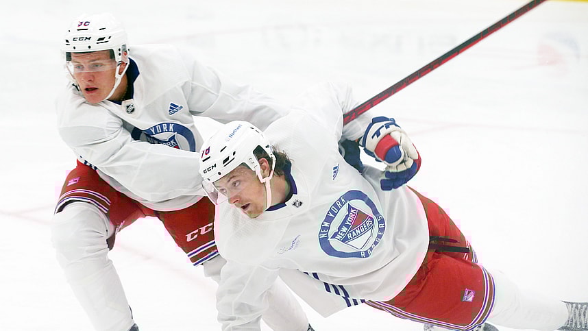 From left, Adam Sykora and Brennan Othmann take part in the Rangers Prospect Development Camp at the Rangers Training facility in Tarrytown July 12, 2022