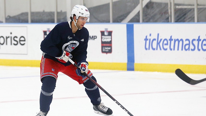 Matthew Robertson takes part in the Rangers Prospect Development Camp at the New York Rangers Training facility in Tarrytown July 12, 2022