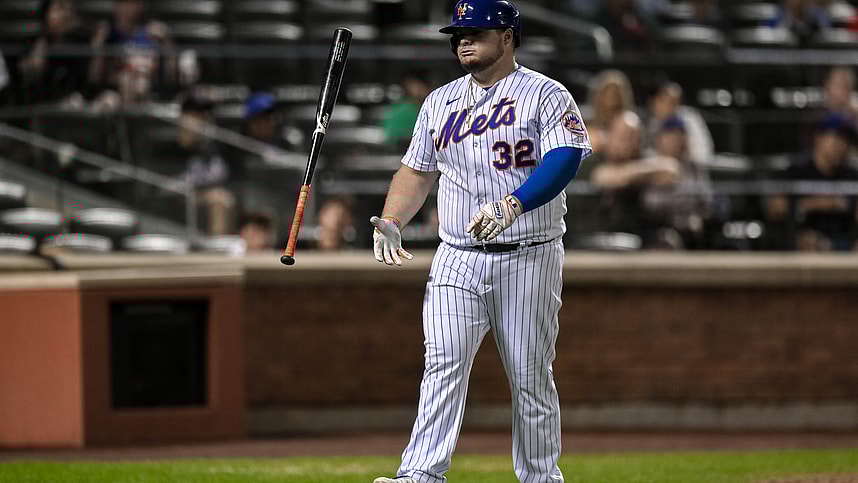 New York Mets designated hitter Daniel Vogelbach (32) reacts after striking out against the Arizona Diamondbacks during the ninth inning at Citi Field