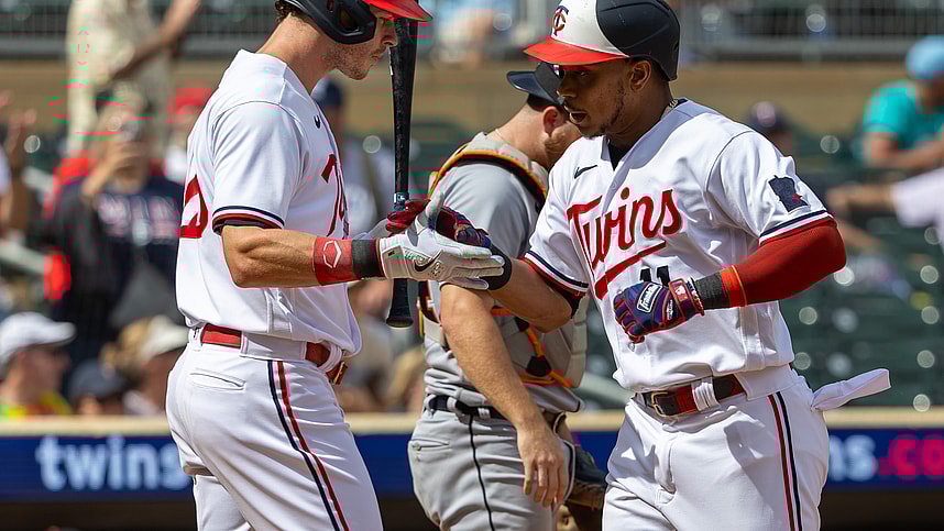 Aug 16, 2023; Minneapolis, Minnesota, USA; Minnesota Twins designated hitter Jorge Polanco (11) celebrates with right fielder Max Kepler (26) after hitting a two run home run against the Detroit Tigers in the ninth inning at Target Field. Mandatory Credit: Jesse Johnson-USA TODAY Sports (Yankees)