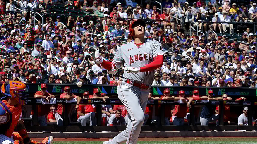 Los Angeles Angels designated hitter Shohei Ohtani (17) reacts after fouling a ball off his foot during the first inning against the New York Mets at Citi Field