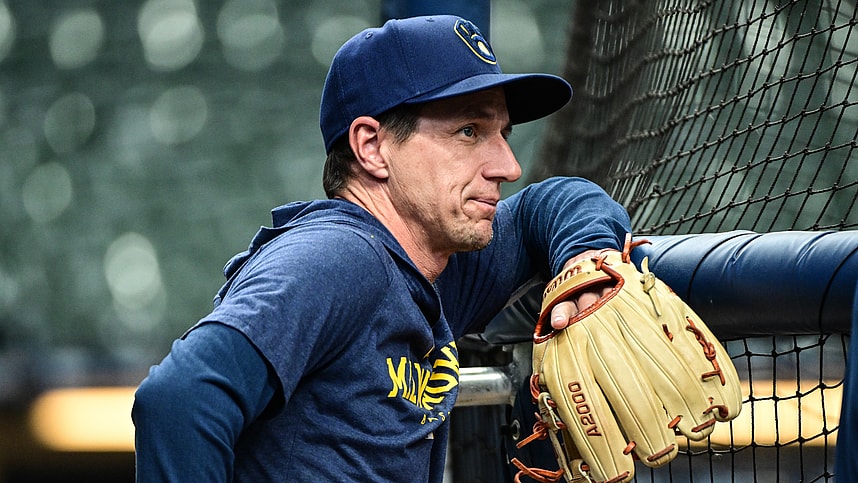 Milwaukee Brewers manager Craig Counsell watches batting practice before game against the New York Mets at American Family Field