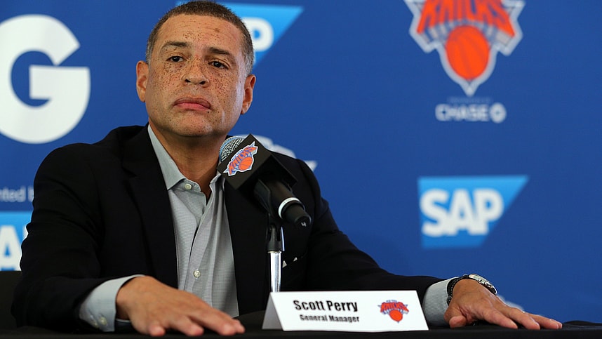 New York Knicks general manager Scott Perry speaks to the media on media day at MSG Training Center