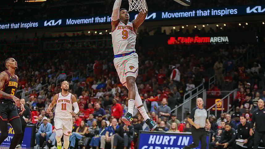 New York Knicks guard RJ Barrett (9) dunks against the Atlanta Hawks in the second quarter at State Farm Arena