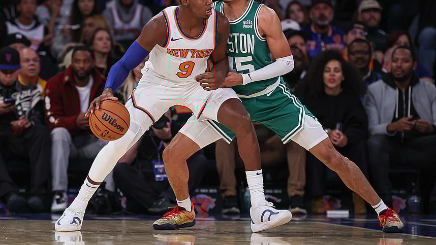 New York Knicks guard RJ Barrett (9) dribbles as Boston Celtics guard Dalano Banton (45) defends during the first quarter at Madison Square Garden
