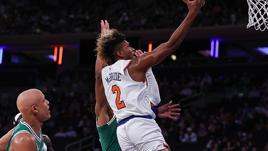 New York Knicks guard Miles McBride (2) drives to the basket during the second half against the Boston Celtics at Madison Square Garden