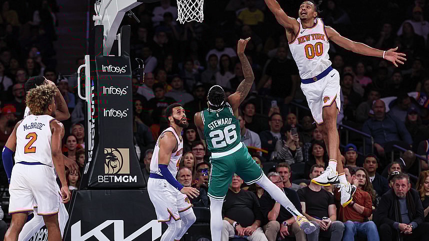 New York Knicks forward Jacob Toppin (00) blocks a shot by Boston Celtics guard DJ Steward (26) during the second half at Madison Square Garden