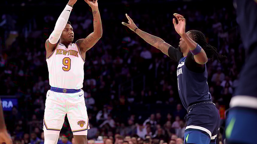 New York Knicks guard RJ Barrett (9) takes a shot against Minnesota Timberwolves center Naz Reid (11) during the third quarter at Madison Square Garden