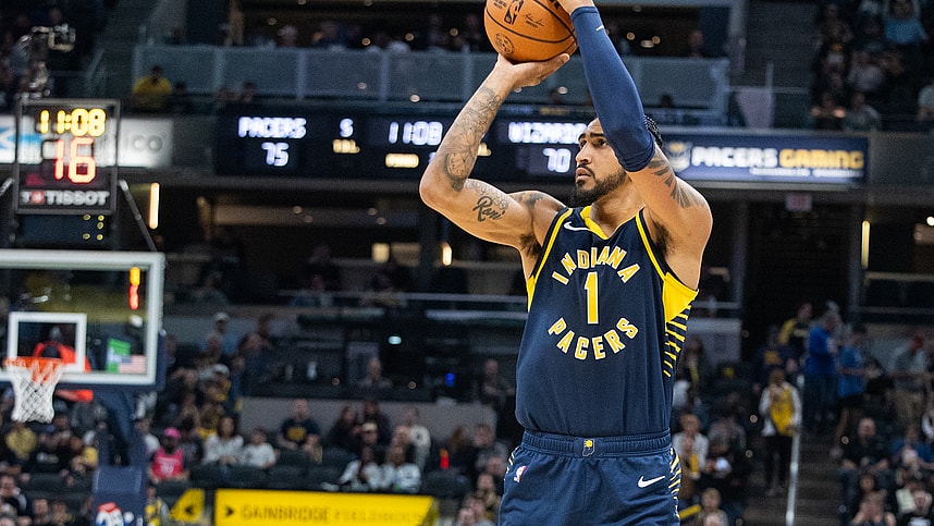 Indiana Pacers forward Obi Toppin (Former New York Knicks) (1) shoots the ball in the second half against the Washington Wizards at Gainbridge Fieldhouse